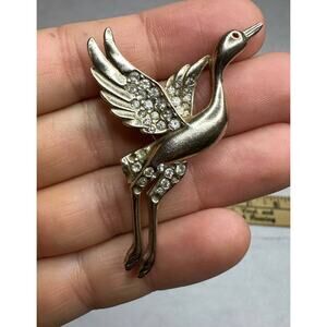 Vintage Silver Tone Crane With Faux Gems Brooch / Pin